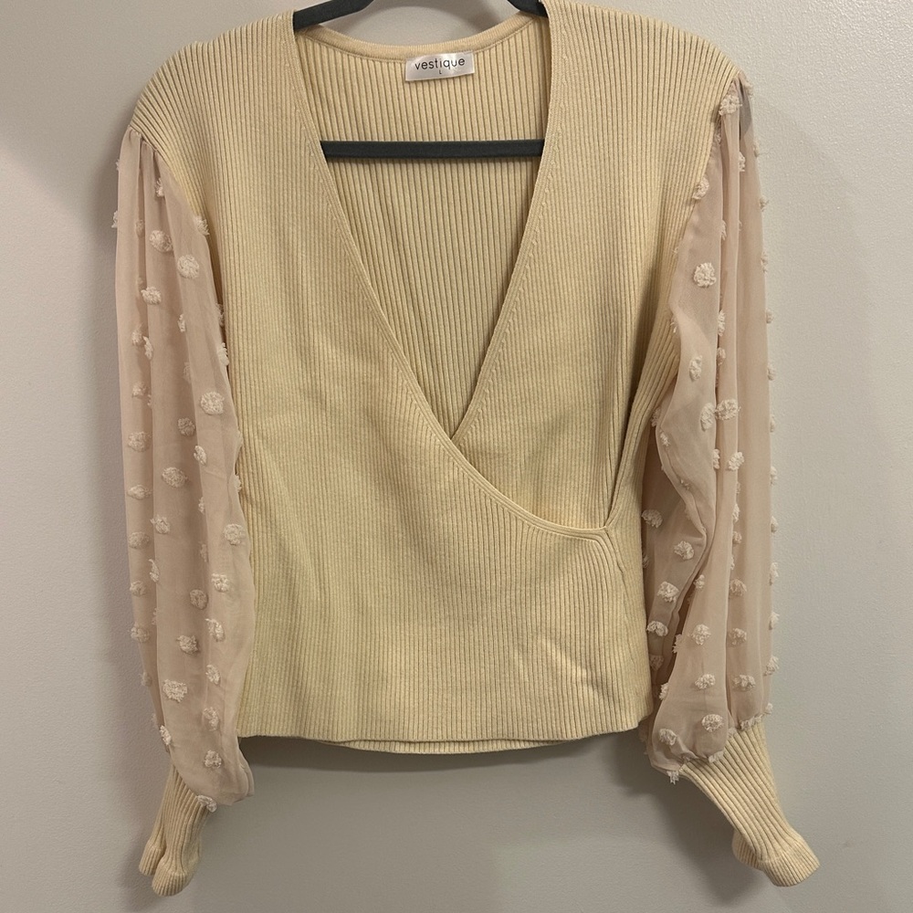 Cream V-Neck Sweater with Sheer Sleeves